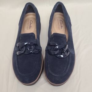 Clarks Zylah May Navy Suede Chunky Platform Chain Loafers 6.5